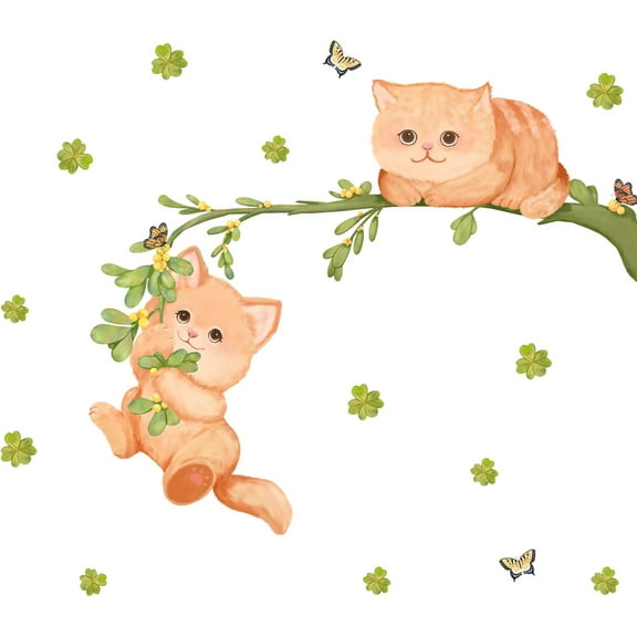 Cartoon Cat Wall Decals Cute Cat On The Tree Branches Wall Stickers Butterfly Decor Vinyl Girls Bedroom Decal Nursery Sticker Bathroom Wall Art Decoration Cats Wall Decals Sticker diy