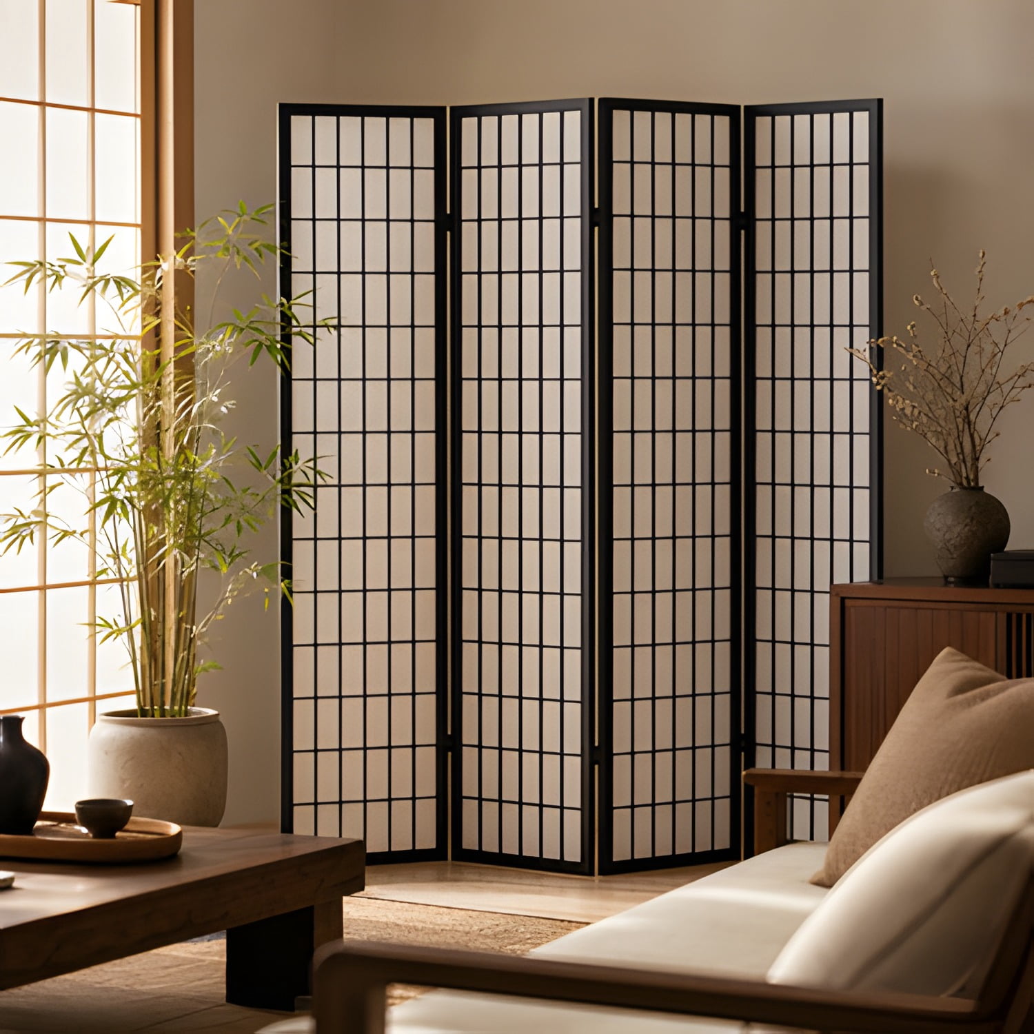 4 Panel Oriental Shoji Screen / Room Divider, Black