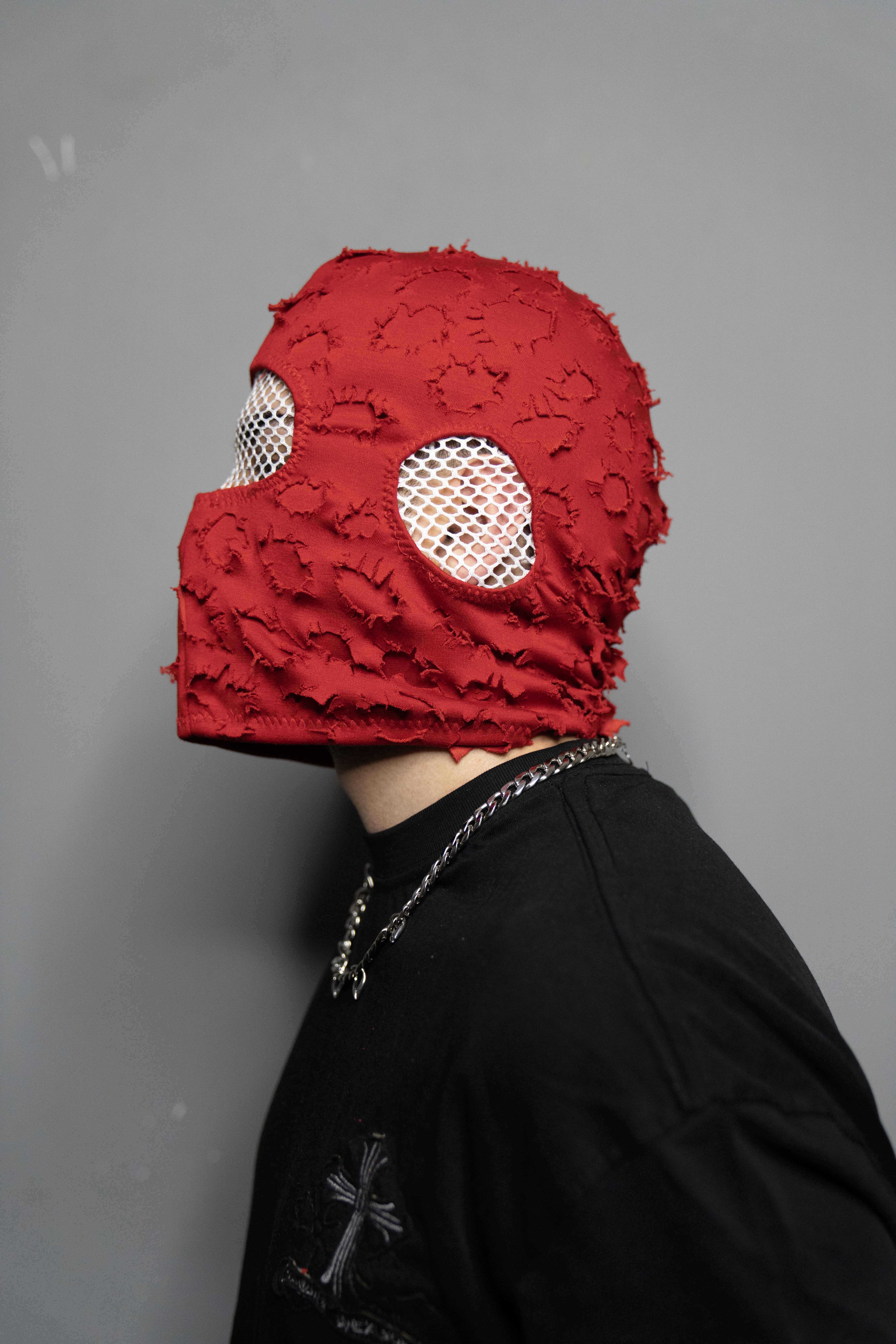Ski mask and balaclava Red Charm Premium Double Layered Mask Round Frayed Edges, White Mesh Details Ideal for Motorcycle Riding, Skiing, Nightclub Wear."