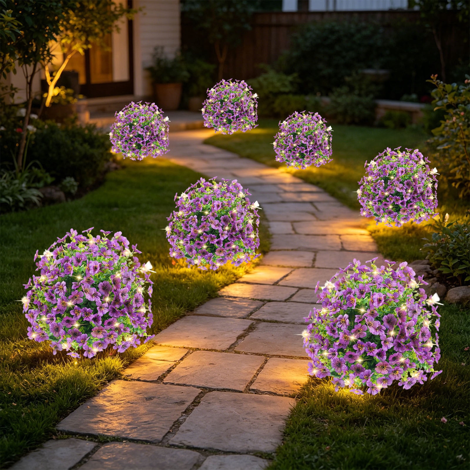 Bcylexb Artificial Flowers Ball for Outdoors, 23.6" Faux Flowers with Stake and LED Light Decorative Fake Flowers for Front Door Yard Garden Entryway Walkway Decor
