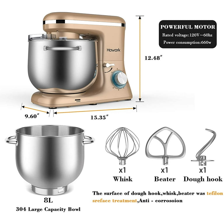 HOWORK Stand Mixer, 8.45 QT Bowl 660W Food Mixer, Multi Functional Kitchen  Electric Mixer With Dough Hook, Whisk, Beater (8.45 QT, Champagne Gold)