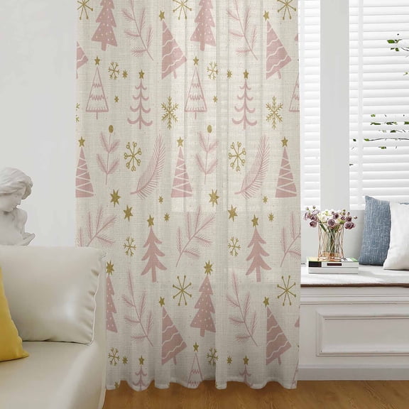 Christmas Tree Semi Sheer Curtains Drapes for Living Room,Bedroom,French Doors Window 45 Inches Long,Winter Xmas Pink Pine Snowflake on Linen Rod Pocket Chiffon Curtain Drapery Voile Draperies Panel