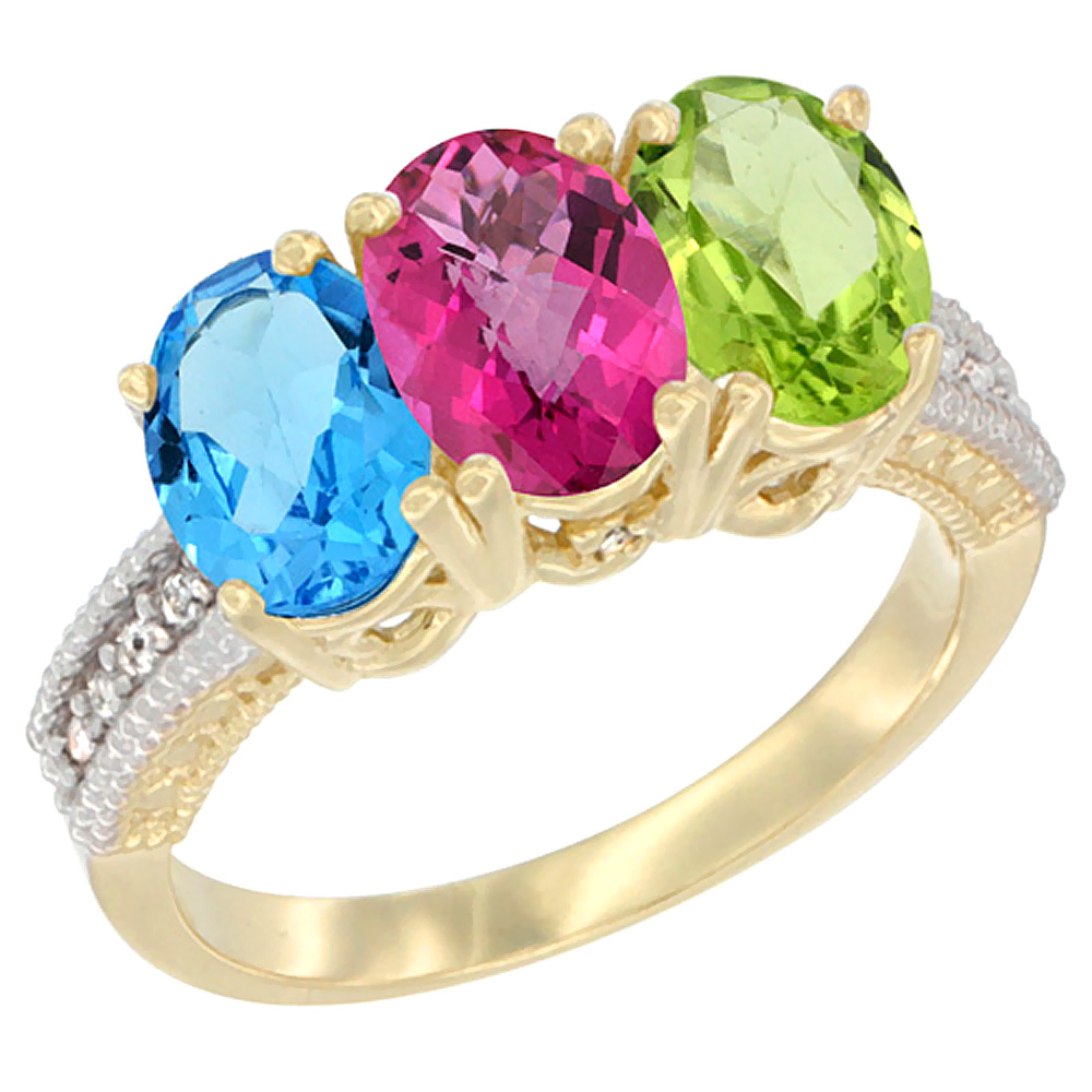 10K Yellow Gold Diamond Natural Swiss Blue Topaz, Pink Topaz & Peridot Ring 3-Stone Oval 7x5 mm, sizes 5 10 by WorldJewels