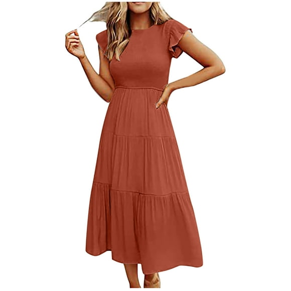 jovati Summer Dress for Women with Sleeves Womens Summer Solid Color Temperament Flying Sleeves Large Skirt Mid Length Dress Summer Dress with Sleeves for Women Mid Length Dress for Women