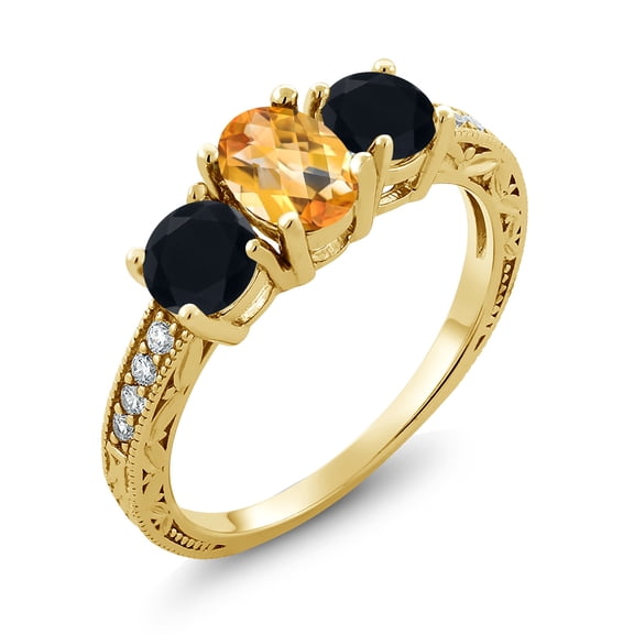 Gem Stone King 1.80 Ct Oval Checkerboard Yellow Citrine Black Onyx 18K Yellow Gold Plated Silver Moissanite Ring (Size 7)