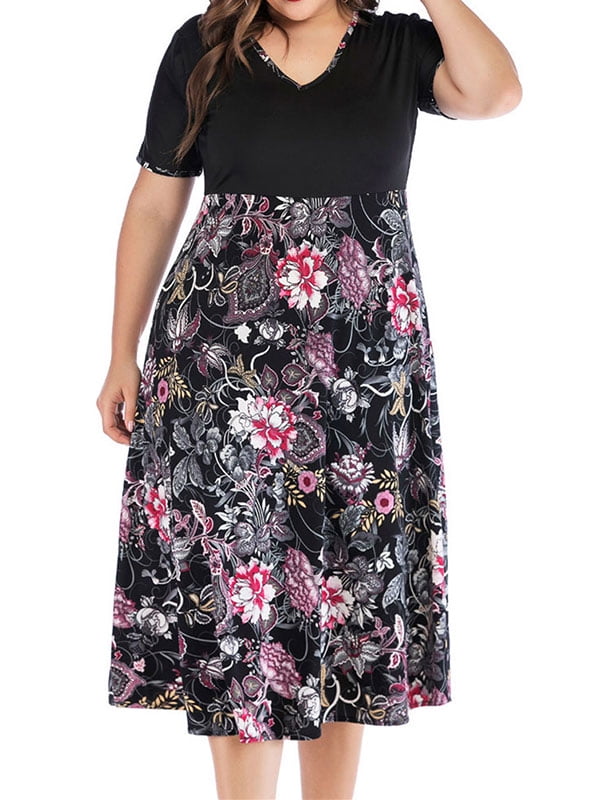 ZXZY - ZXZY Women Plus Size High Waist Floral Print Spliced Maxi Dress ...