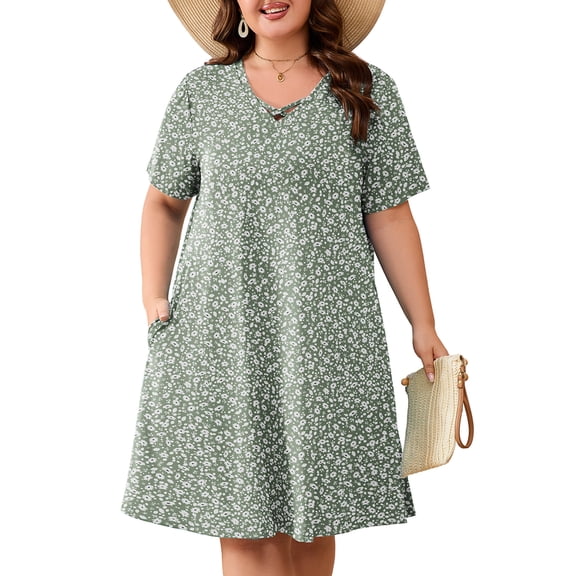 SHOWMALL Women's Plus Size Short Sleeve Dress with Pockets, Criss Cross V-Neck Casual T-Shirt Dress, Daisy Green 3X Summer Vacation Beach Dress