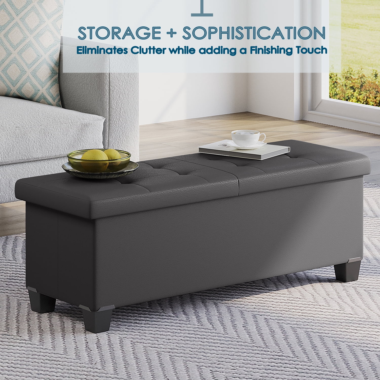 StorageBud Ottoman with Storage Bench, 43-inch Storage Ottoman, Leather, Gray
