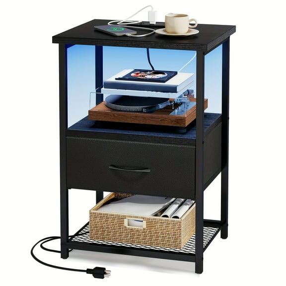 Nightstand with Charging Station - LED Bedside Table with USB Ports & Outlets, 2 Fabric Drawers - Heavy Duty for Dorm, School (Black/White)