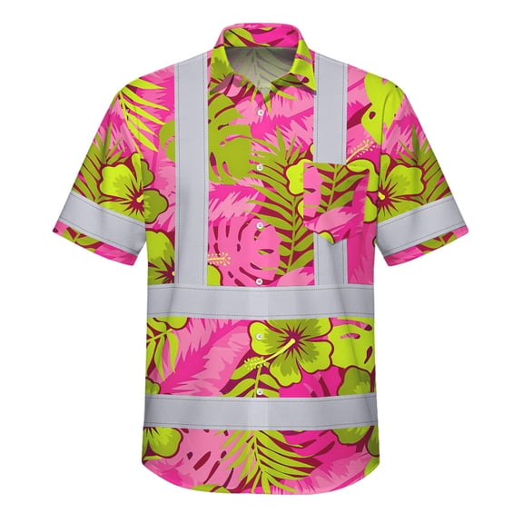 Hi Vis Hawaiian Shirt Reflective Tapes Pink Neon And Lime Flowers Custom Name Safety Workwear For Workers, Truckers, Operators