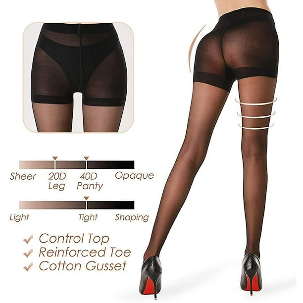 3 Pairs Women's Sheer Tights - Control Top Pantyhose(black