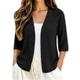 thumbnail image 3 of Women's Plus Size Hollow Out Cardigan, 3/4 Sleeve Loose Knit Open Front Top, Lightweight Breathable Layering Sweater for Spring Fall Summer Daily Wear Black, 3 of 6