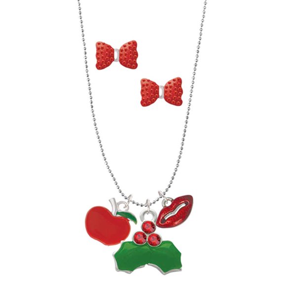 Delight Jewelry Silvertone Small Red Apple Christmas Kiss Charm Necklace and Stud Earrings