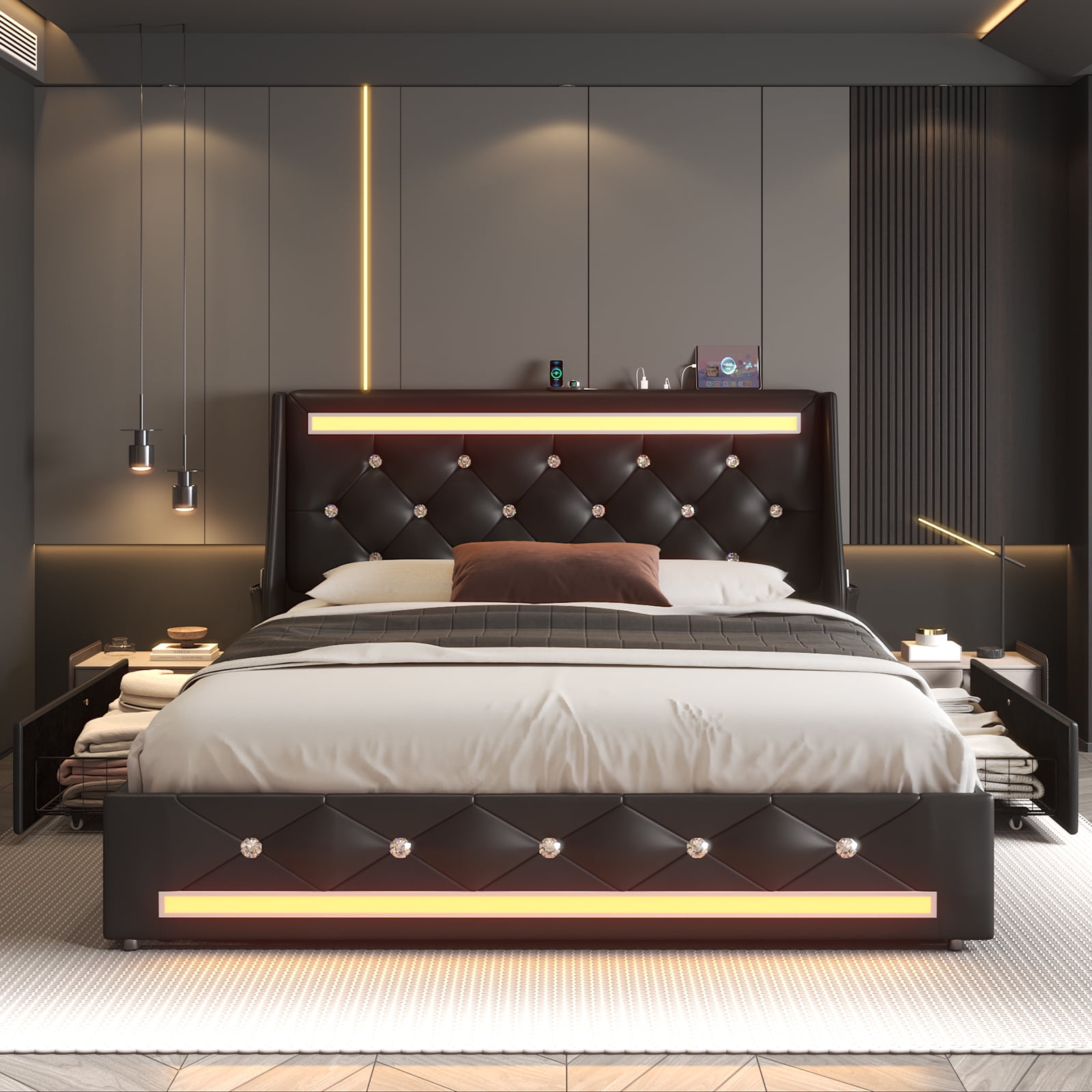 E-motie Queen Bed Frame with 2 Storage Drawers, Upholstered Headboard with LED Light & Charging Station, Diamond Tufted Style, Pu Leather, Black