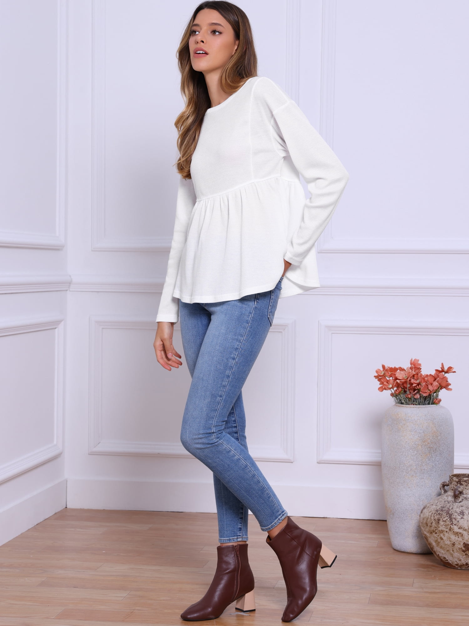 DARING DIVA Women's Waffle Knit Top Long Sleeve Babydoll Peplum Blouses L White