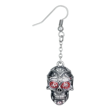 Day of the Dead Tattoo Skull Fish Hook Earrings, Red and Silver Color
