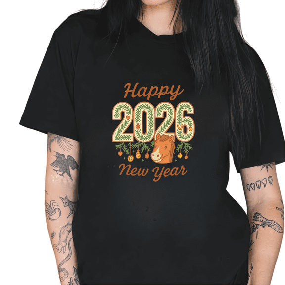 Women's Black Tshirt Graphic Tees Shirts 2026 Happy New Year Year of the Horse Botanical Design Casual Tops S-5XL