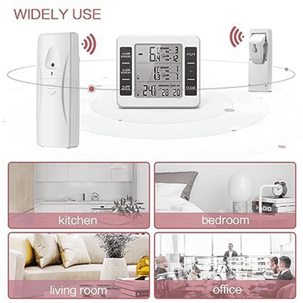 2X Wireless Refrigerator Thermometer Digital Freezer Thermometer Temperature Monitor with 4 Sensors for Indoor Outdoor