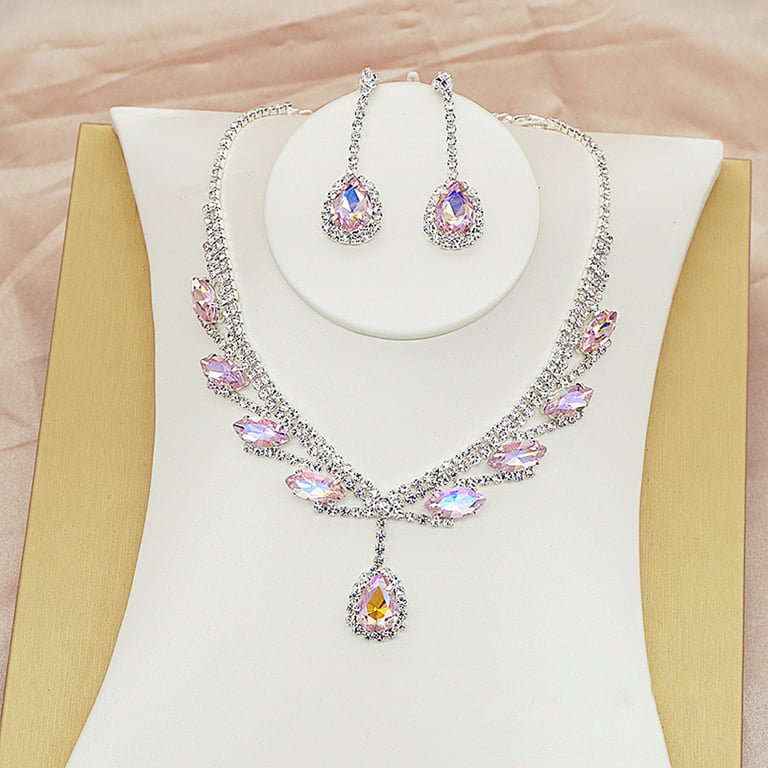 Kaesi 1 Set Bridal Necklace Earrings Water Drop-shaped Rhinestone Jewelry  Electroplating Sparkling Jewelry Set for Wedding 