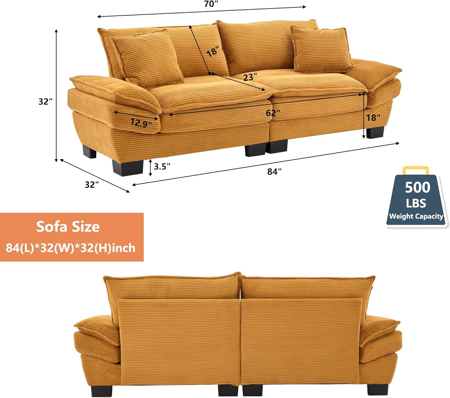 AENKYO 84" Corduroy Loveseat Sofa with Pillows, Modern 2-Seater Couch for Living Room,Yellow