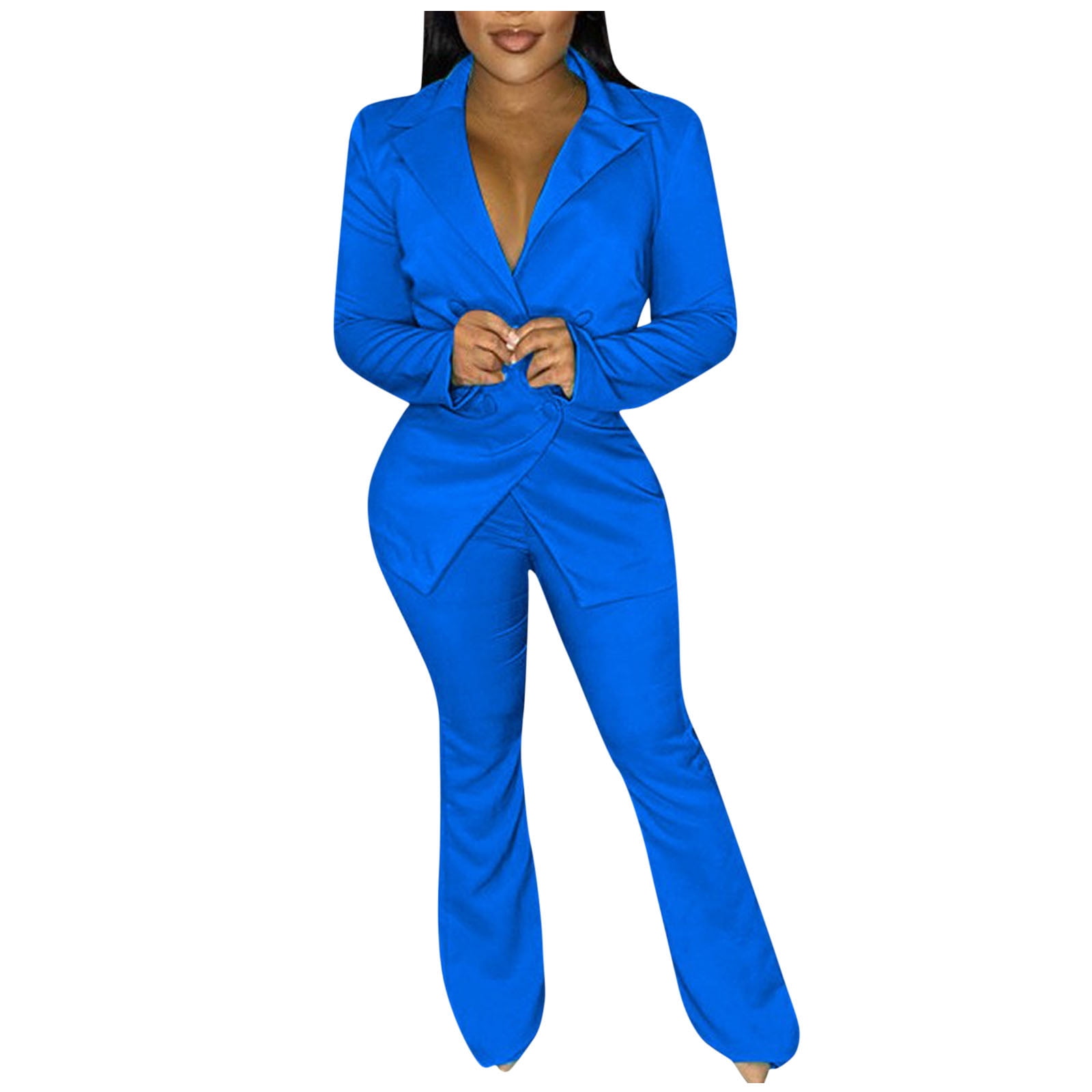 qolati Women's Sexy Business Suit Slim Fit V Neck Blazer Jacket with Bell  Bottomed Pants Sets Casual Elegant Office 2 Piece Outfits 