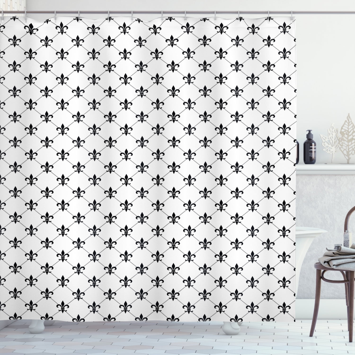 Fleur De Lis Shower Curtain, Checkered Dotted Pattern with Monochrome