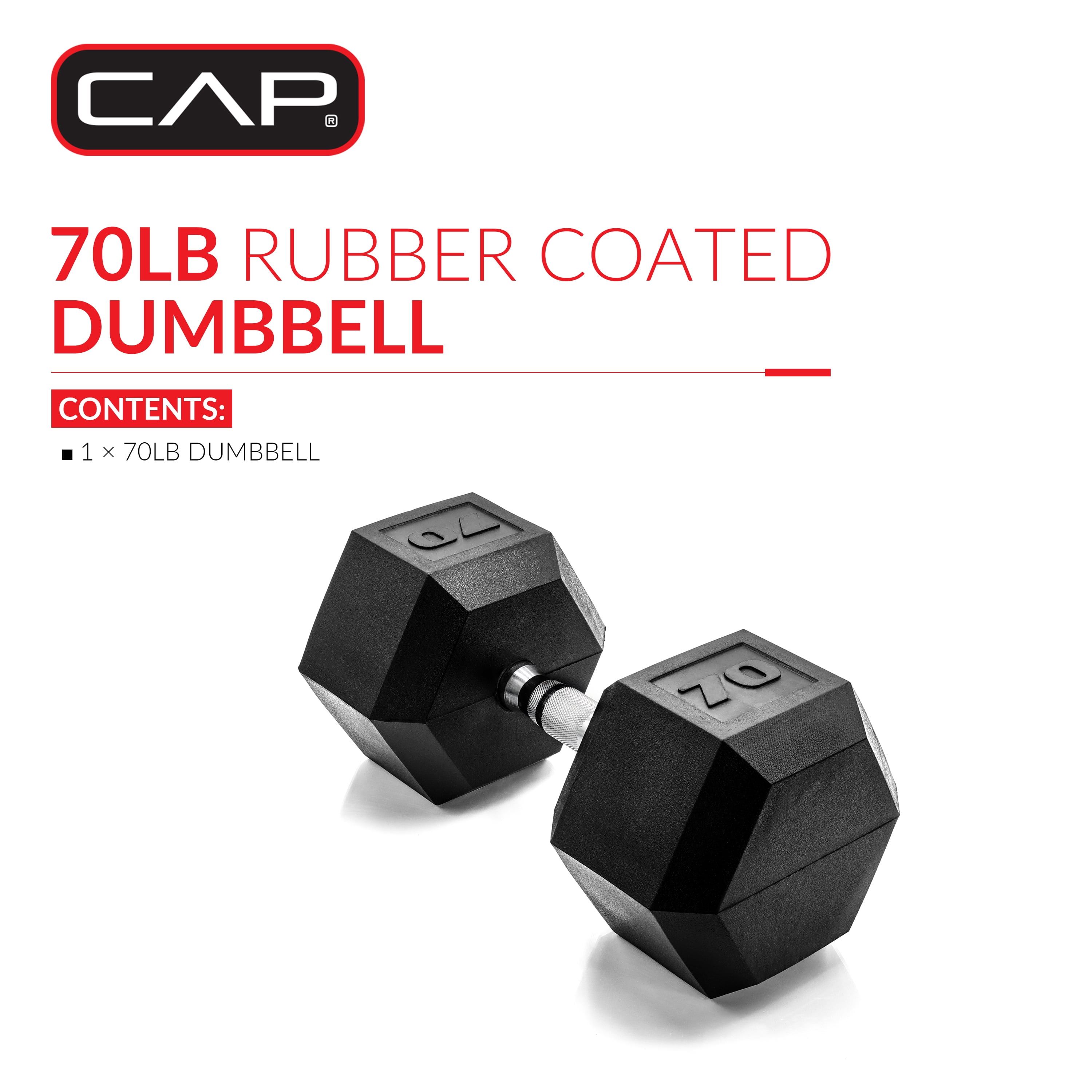 CAP Barbell, 70lb Rubber Hex Dumbbell, Single