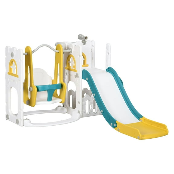 6-in-1 Toddler Slide and Set, Indoor, Yellow, for Ages 1-3, with Basketball Hoop, Climber, Storage, Telescope
