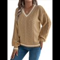 thumbnail image 1 of Suéter de Punto con Cuello en V y Larga para Mujer, Otoño 2025, Top Tipo Jersey, , Suave, Elegante y Casual. Caqui L, 1 of 10
