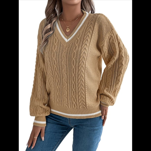 Suéter de Punto con Cuello en V y Larga para Mujer, Otoño 2025, Top Tipo Jersey, , Suave, Elegante y Casual. Caqui L