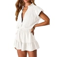 thumbnail image 3 of Summer Rompers for Women 2026 V Neck Short Sleeve Button Up Ruffle Jumpsuit Outfit with Pockets White S, 3 of 9