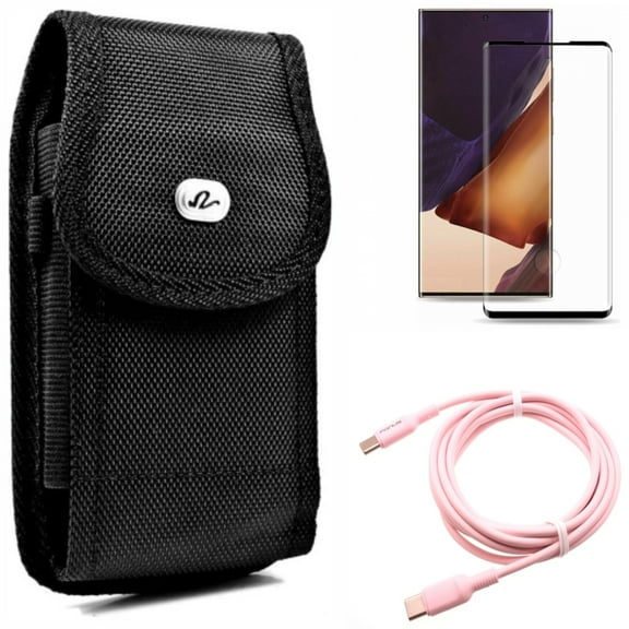 Screen Protector & Pink 10ft Long Cable & Case Belt Clip for Samsung Galaxy Note 20 Ultra (6.9") - Combo with Tempered Glass (Fingerprint Unlock) & USB-C to Type-C PD Fast Charger & Rugged Holster