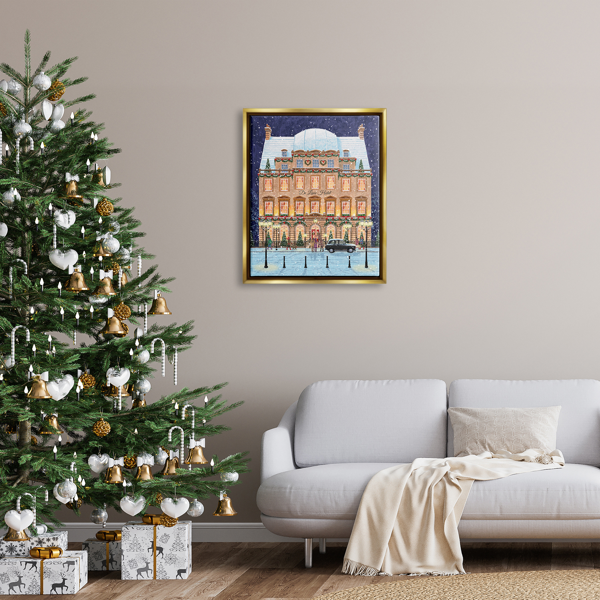 Stupell Industries Winter Hotel Christmas Festival Holiday Painting Gold Floater Framed Art Print Wall Art