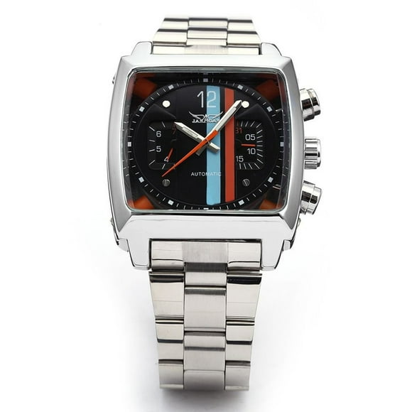 JARGAR J08 Reloj de pulsera mecánico automático para hombre y niño, multifuncional, con correa cuadrada de acero inoxidable, fecha y semana (negro)