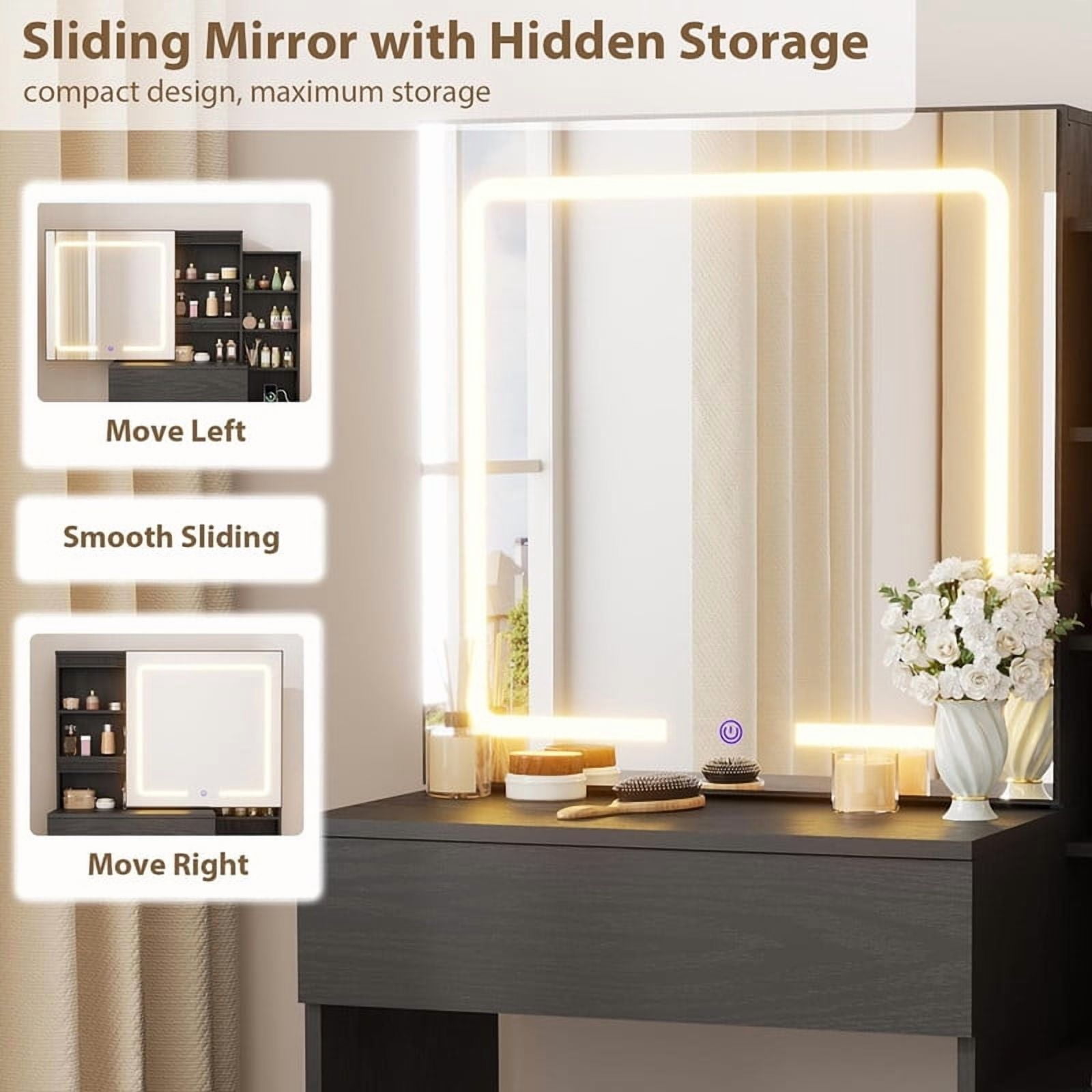 TROPOW Vanity Desk with Mirror and Lights, Makeup Vanity with Drawer & Storage Shelves, Cabinet, 3 Lighting Modes Adjustable Brightness, Power Outlet,Black