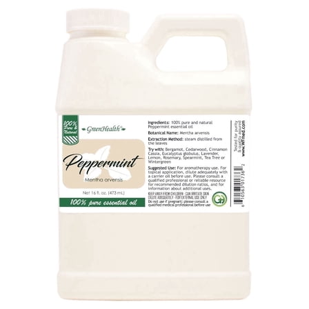 GreenHealth Peppermint Essential Oil, 16 fl oz – 100% Pure Essential Oil, Aromatherapy Grade – Space-Saving FDA-Compliant Jug with Child-Resistant Cap