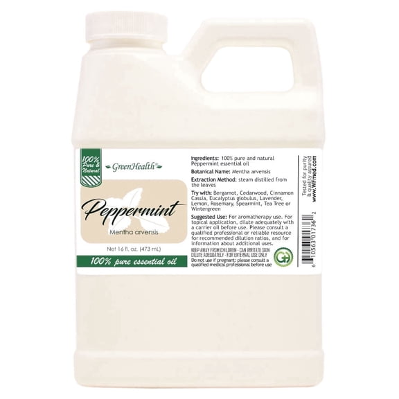 GreenHealth Peppermint Essential Oil, 16 fl oz – 100% Pure Essential Oil, Aromatherapy Grade – Space-Saving FDA-Compliant Jug with Child-Resistant Cap