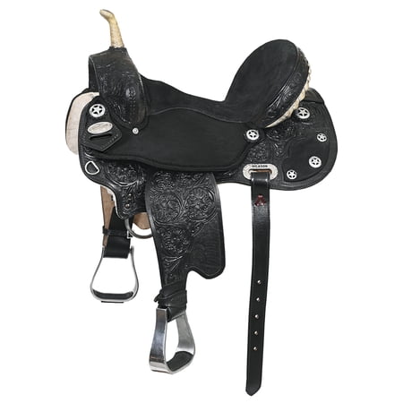 17 In Hilason Flex Tree Western Horse Saddle American Leather Trail Barrel Black With Floral Hand Carved