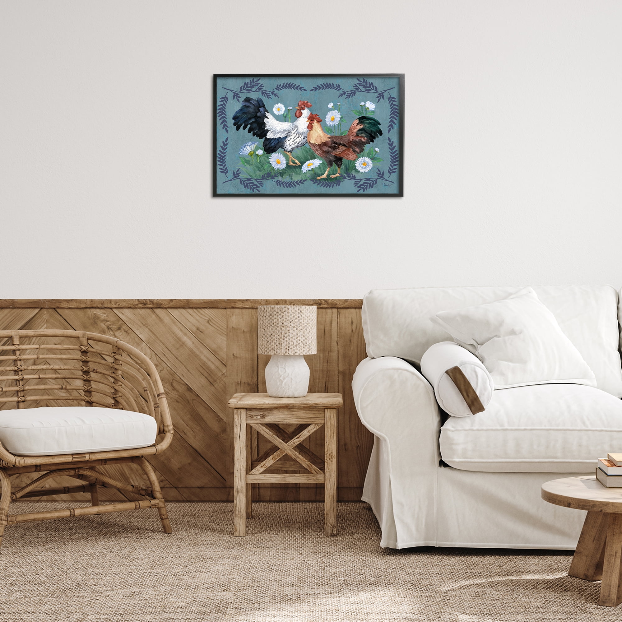 Stupell Industries Roosters with Fern Trim Animals & Insects Painting Black Framed Art Print Wall Art, 24 x 16