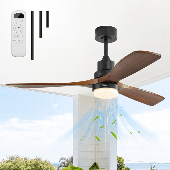 Sofucor 52 Inch Brown Black Modern Outdoor Indoor Farmhouse 3-Blade Ceiling Fan with Lights and Remote