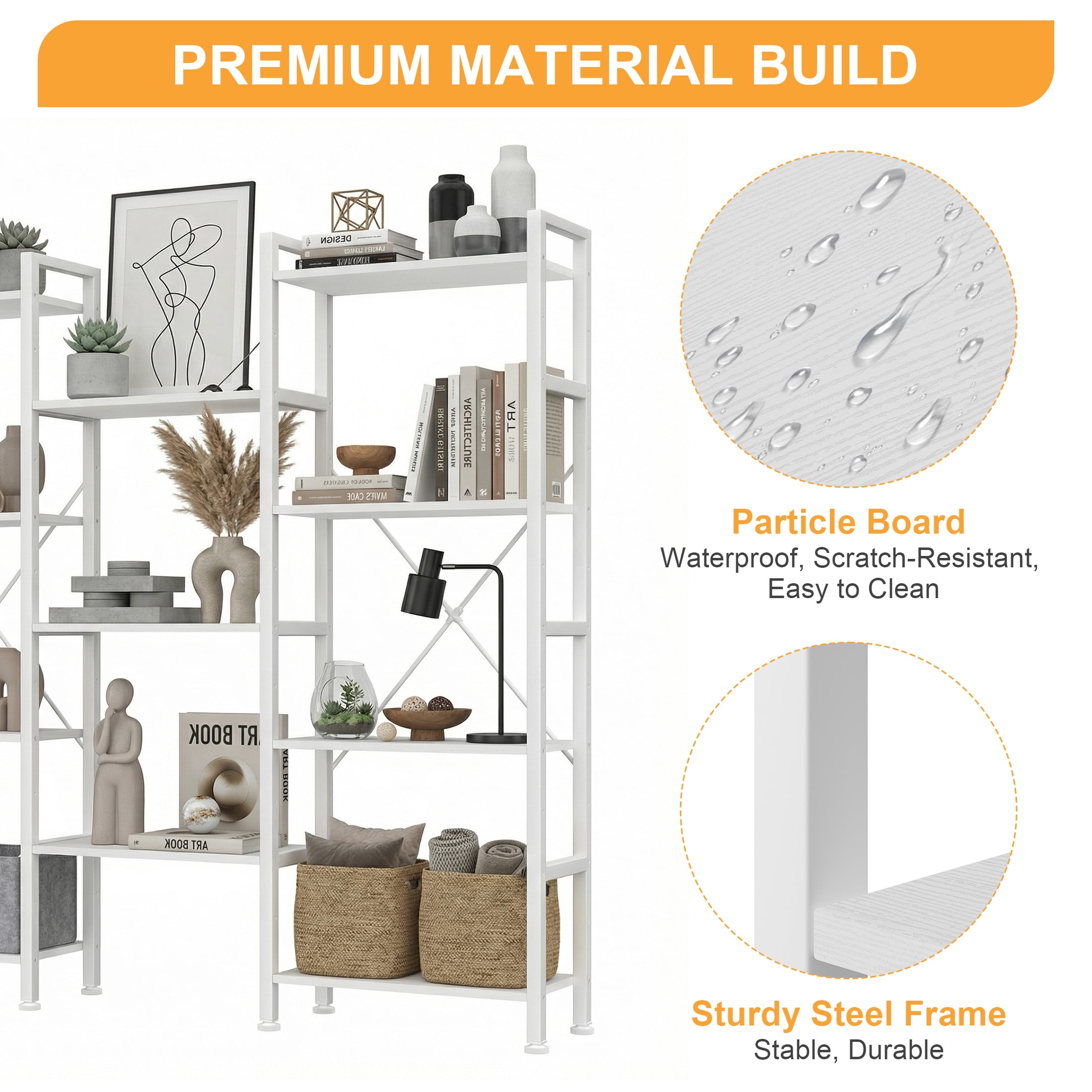 EDX Triple 4 Tier Bookshelf Storage Shelf, Modern Freestanding Bookcase with Metal Frame, Open Display Shelves, Space Saving Storage Organizer, White