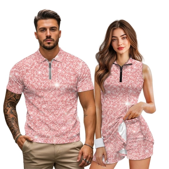 Uorisanigo Pink Glitter Couple Matching Outfit His and Hers Clothing Mens Golf Shirts Size S Quick Dry Short Sleeve Shirts for Athletic and Golf Clothes for Women with Shorts Pockets