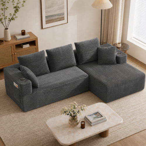 95" Modular L-Shaped Sectional Sofa with Chaise Lounge, 4-Seater Convertible Sofa Bed, Plush Corduroy Upholstery, Spring Pack Cushions, Wide Armrests with Side Pocket, Gray