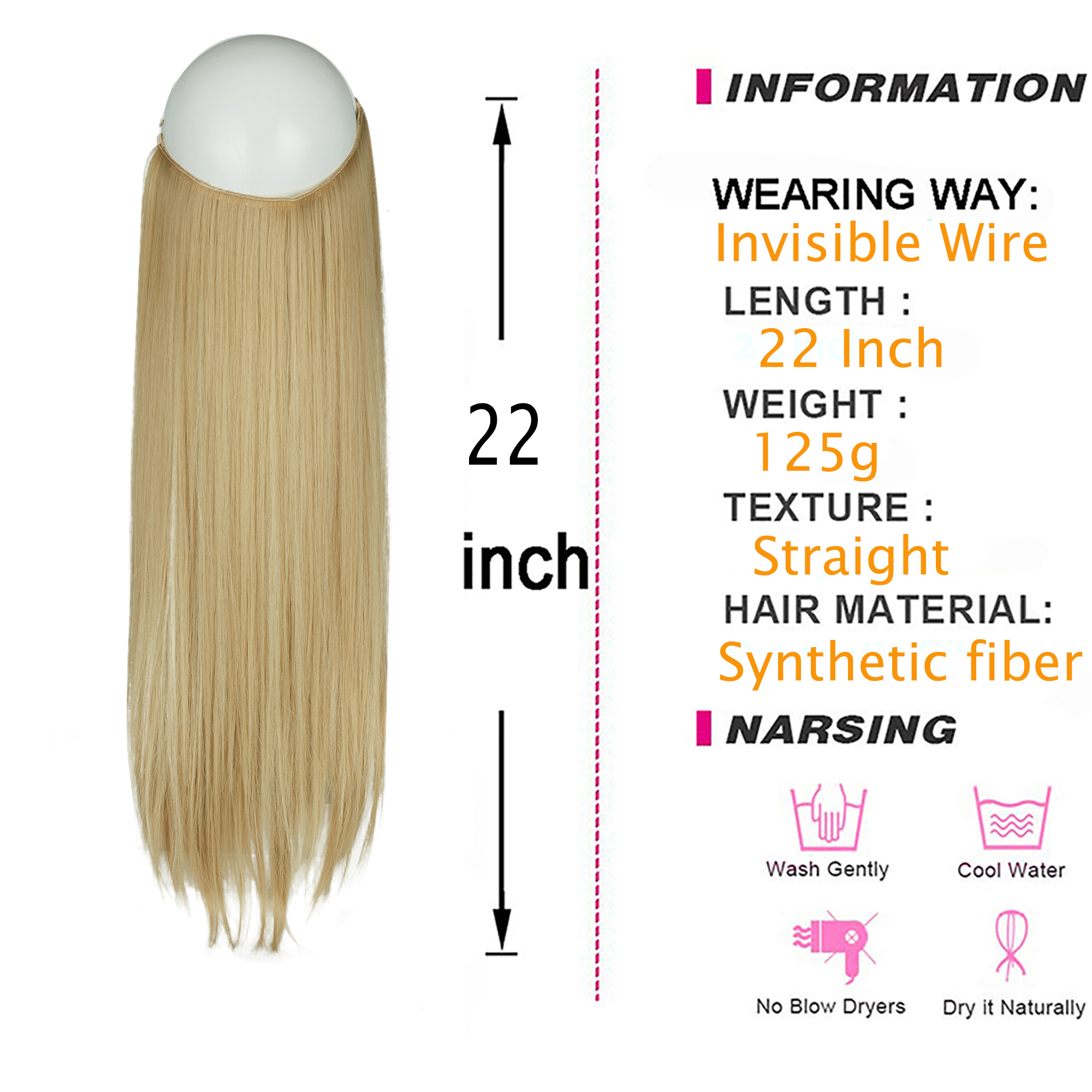 SAYFUT Hair Extension Ash Blonde Invisible Wire Headband 18/20/22 Inch 4.2-4.4 Oz Long Curly Wavy Synthetic Hairpiece for Women Heat Resistant Fiber No Clip Straight Synthetic Hair - image 2 of 8