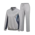 thumbnail image 2 of Women's 2Pc V Neck Tracksuit, 4 Way Stretch Breathable Reflective for Golf Running Casual Light Gray Navy S, 2 of 8