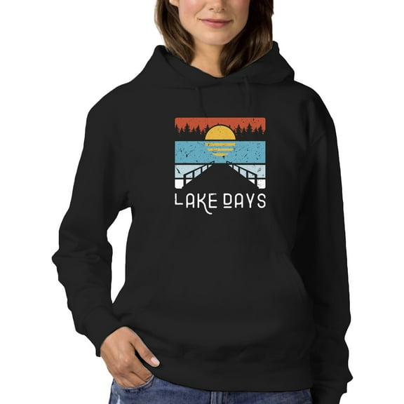 Smartprints Womens Graphic Hoodie Black - Lake Days, Inviting Retro Image Cotton Blend Classic Fit