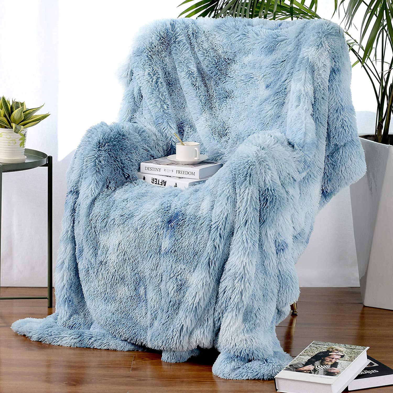 Frosty Faux Fur Throw Blanket with Super Soft Shaggy Long Fur Sea Foam 50 x 70