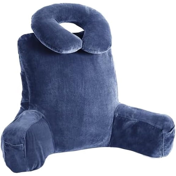 31" Large Ergonomic Bed Rest Pillow, Reading Pillow with Arms Detachable Neck Roll Reading Pillow with Pockets for Sitting in Bed Couch (Blue)$$Bedding