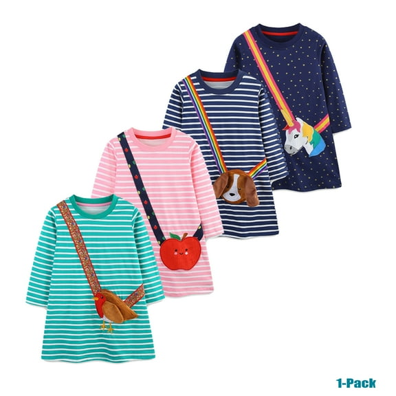 Bellafa Toldler Girls Cotton Long Sleeve Casual Cartoon Appliques Striped Jersey Dress Kids Tunic Party Dresses With Bird Pocket