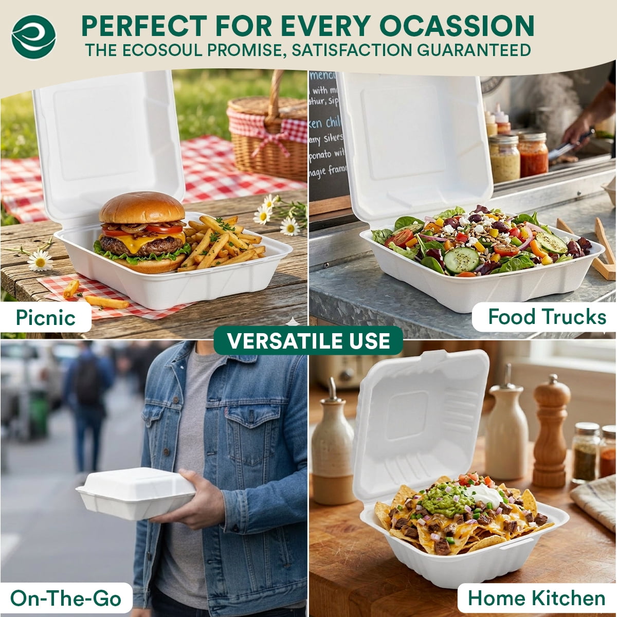 Eco Soul Tree-Free Compostable Bagasse Clamshell Containers, 6 x 6 Inch, 50 Count